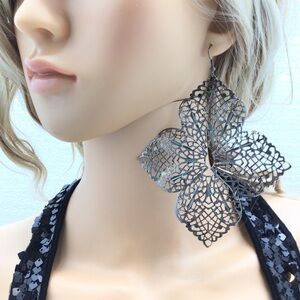 Large Dark Silver Filigree Floral Dangle Earrings